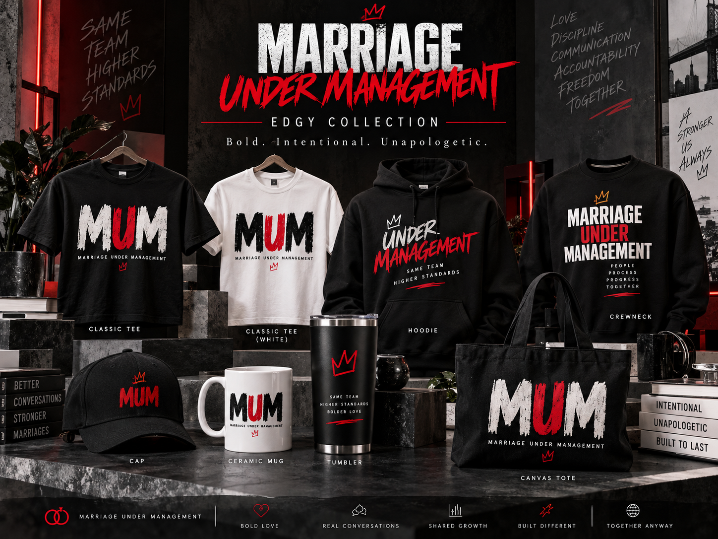 Black, white and red MUM Edge merchandise collection mockup